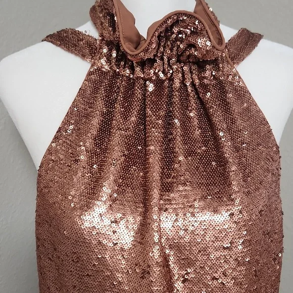C/MEO Collective Illuminated copper sequin halter mini dress